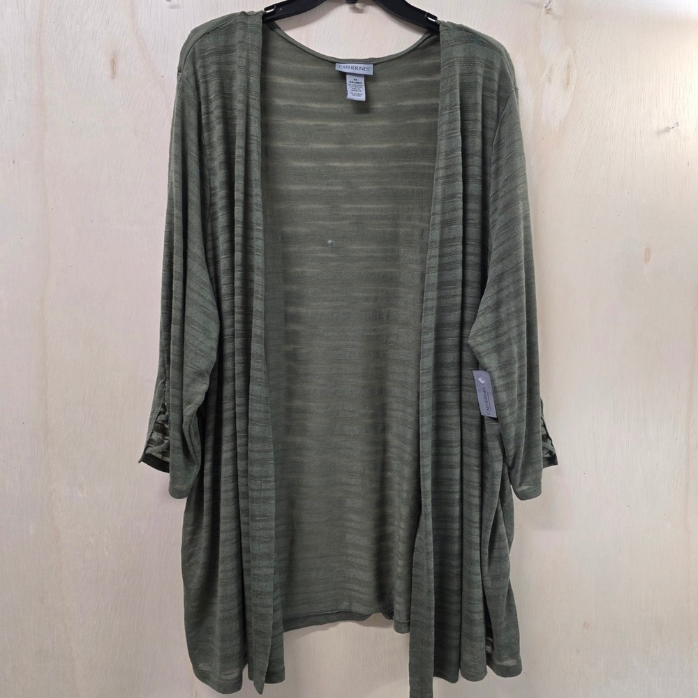 Catherines Women 3X Olive Green Open Front Cardigan Lattice Sleeve Slub Knit NEW